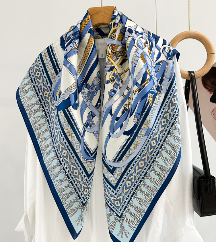 100%Silk Mulberry Wrap Shawl Square Blue belt Print Bandanna Scarf 90X90cm new
