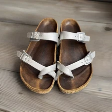 Birkenstock Mayari Sandal 38/7 Silver Birko-flor Toe-Loop Thin Strap Feminine