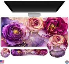 Large Gaming Mouse Pad Set, 4-in-1 XXL Desk Mat, Marble Rose Purple Flowers