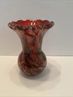 Vintage Murano Style Art Glass Vase Red Gold Aventurine Ruffled 7” Tall 5” Wide