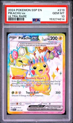 2024 POKEMON SSP EN-SURGING SPARKS ULTRA RARE #219 PIKACHU EX PSA 10