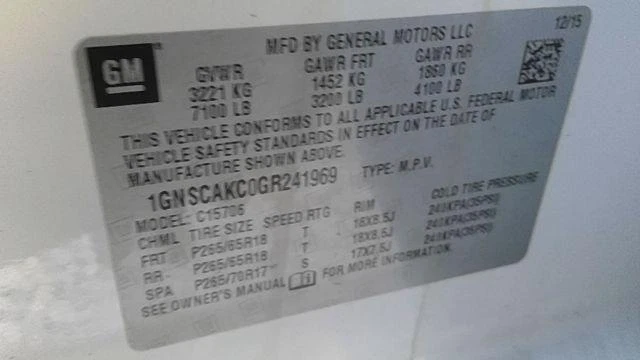 15 16 17 18 19 20 Bolsa de aire Chevy Tahoe techo derecho pasajero Foto 2 de 4