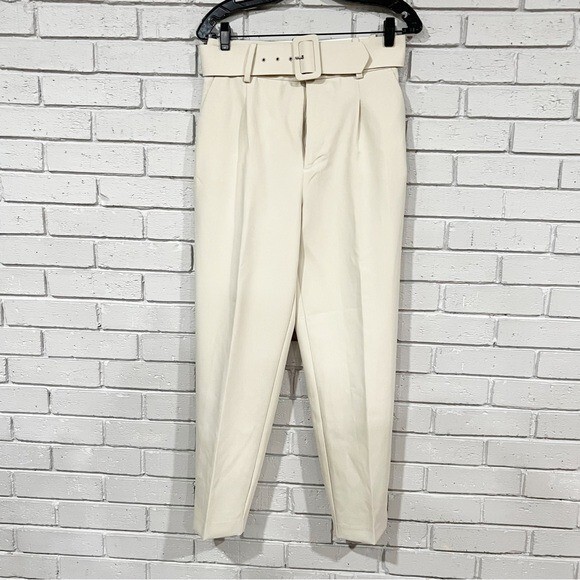 Zara High Waisted Belted Pants Ecru Fabric Covered Belt
