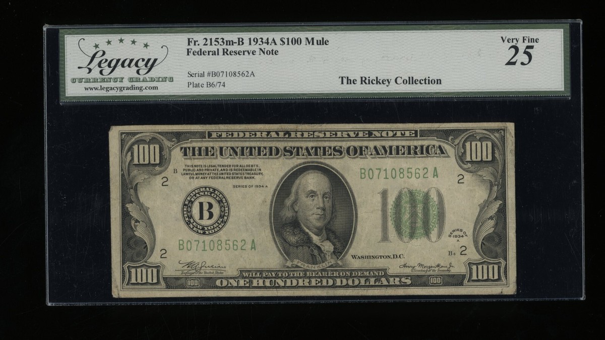 DBR 1934-A $100 FRN New York Mule Fr. 2153-Bm Legacy 25 Serial