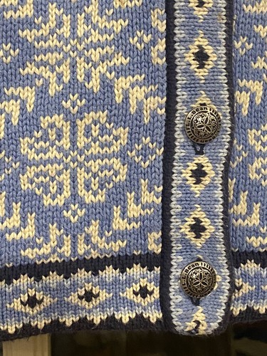 LL Bean Cardigan Sweater Blue Norwegian Fair Isle Cotton Snowflake Nordic Sz L - Picture 2 of 6