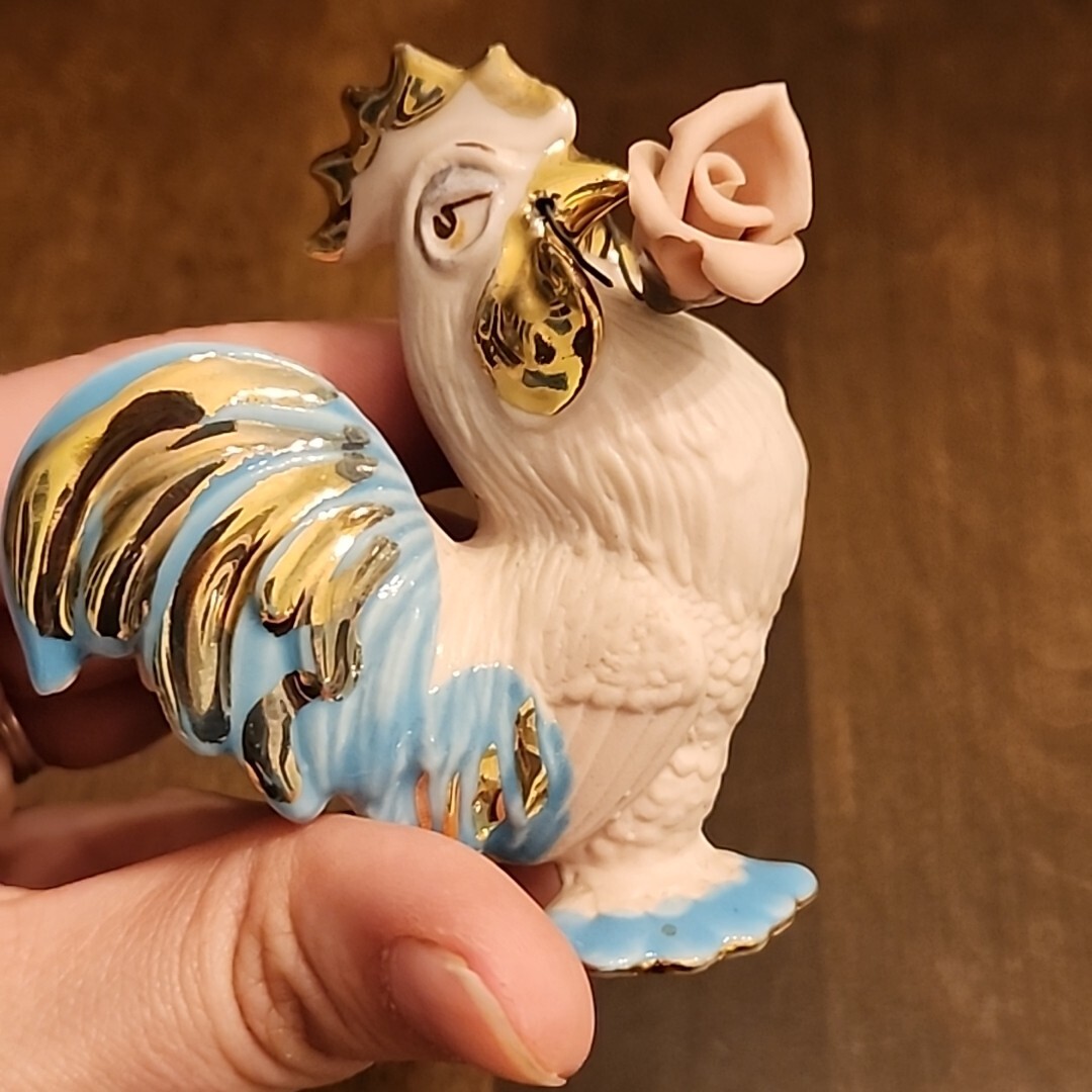 Walker Hagen Renaker Pink Gold Bisque Rooster Rose Figurine Hen