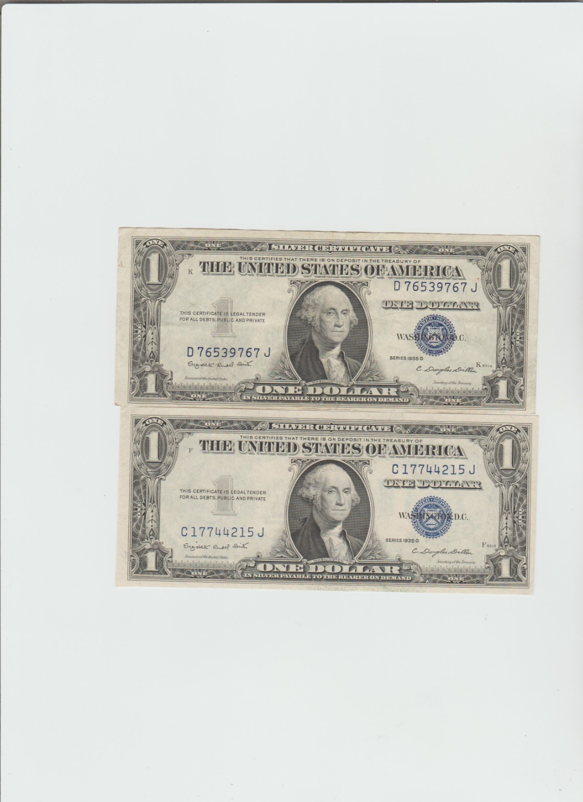 2 Notes 1935 G (1 with motto & 1 without motto) One dollar Silver Certificate