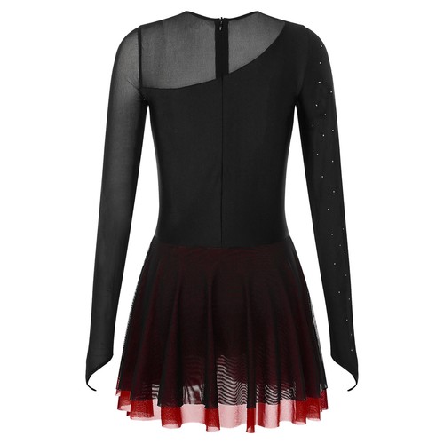Womens Shiny Long Sleeve Leotard Dress Figure Ice Skating Ballet Dance Dress - Picture 23 of 52