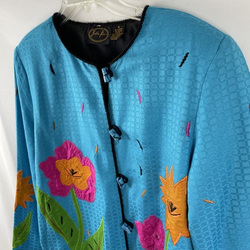 JULIA KIM Womens L Turquoise Blue Jacket Colorful Floral Button Front Lined - Picture 2 of 12