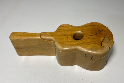 Vintage Wood Guitar Puzzle Trinket Box lined with Green Felt 8''