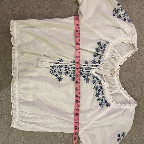 Lucky Brand Women’s Peasant Top Embroidered Tassels White Blue Gathered M - Picture 6 of 10