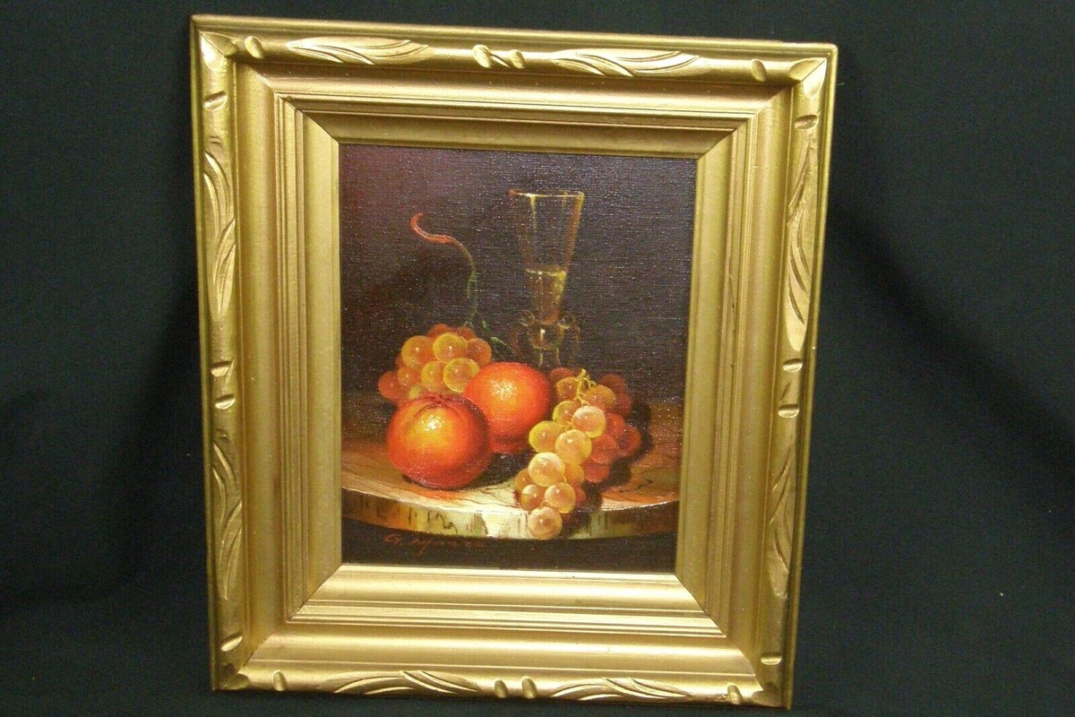 Still Life Oil Painting Oranges & Grapes Wine Glass Fruit