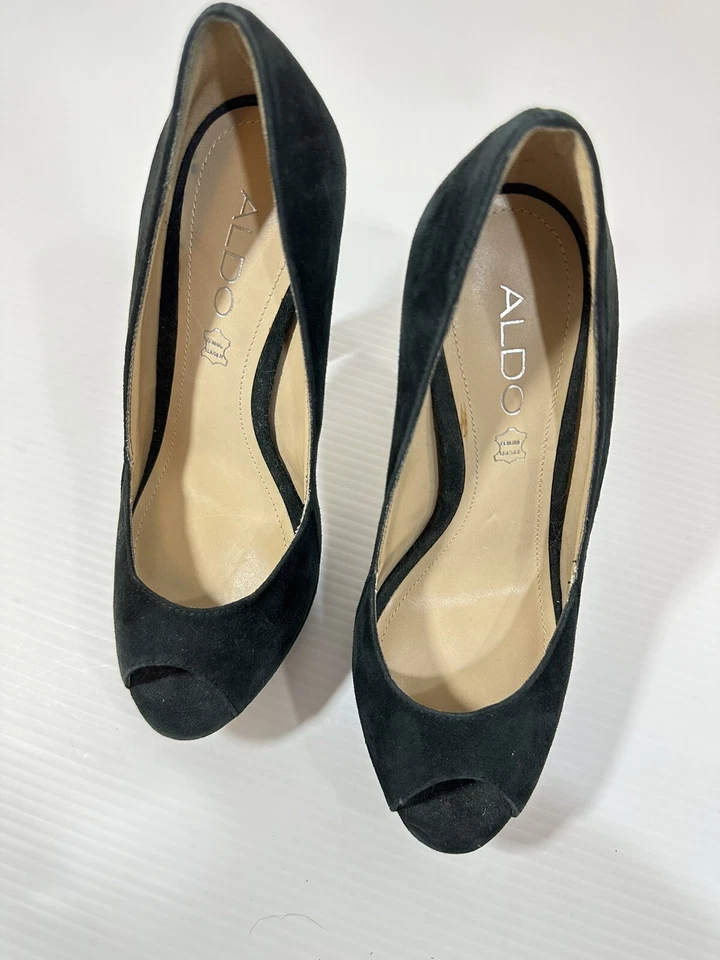 Zapatos de salón ALDO para mujer negros punta abierta gamuza cuero plataforma superior tacón alto talla 36 Foto 4 de 4