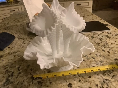 VTG Fenton Hobnail Milk Glass Epergne 9” Ruffled Bowl 3 Horn Vase Centerpiece