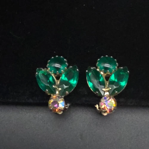 Green Aurora Borealis Rhinestone Clip On Earrings Vintage Glam Costume JEwelry