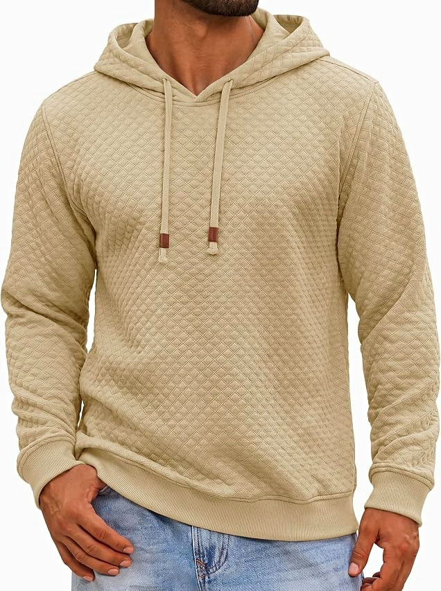 Men’s Beige Textured Knit Pullover Hoodie Drawstring Long Sleeve Size M