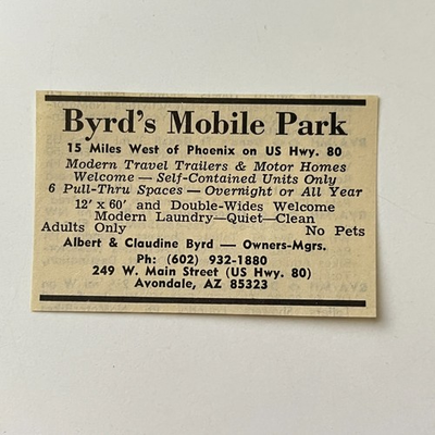 #ad Byrd#x27;s Mobile Park Albert amp; Claudine Byrd Avondale AZ 1974 Ad TAK6 S129 $13.50