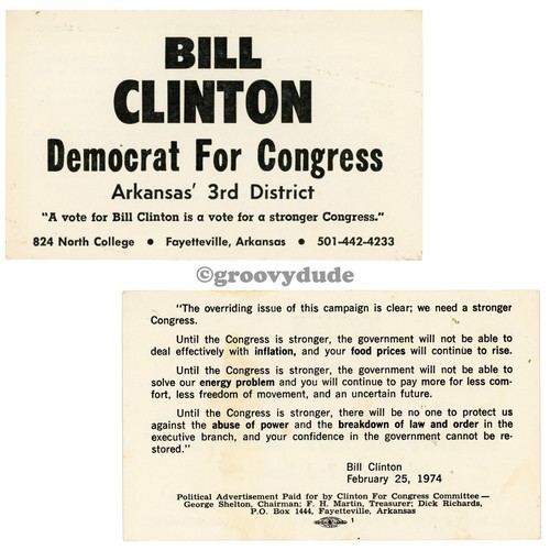 1974 Bill Clinton for US Congress Arkansas Democrat Campaign 5" × 3" Palm Card