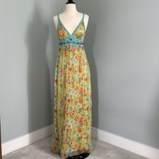 100 Silk Sue Wong Green Multicolor Beaded Floral Maxi Dress Blue Crochet
