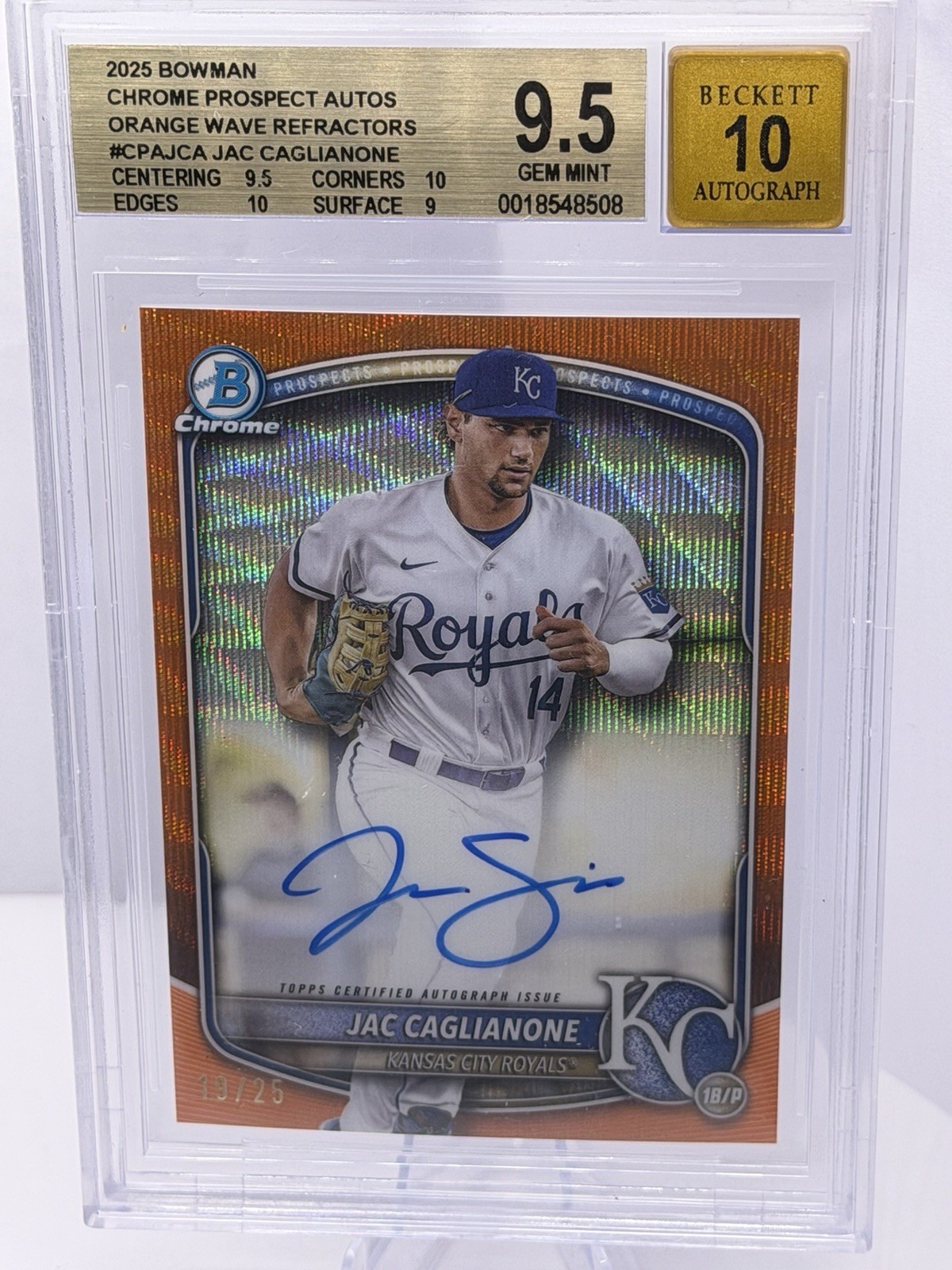 2025 Bowman Chrome Auto Jac Caglianone Orange Wave Refractor /25 BGS 9.5 /10