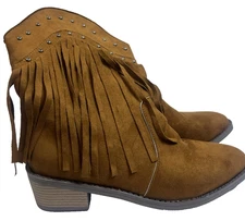 Boho Western Fringe Ankle Boots Women’s Brown Suede Studded Festival NWOT Sz 11