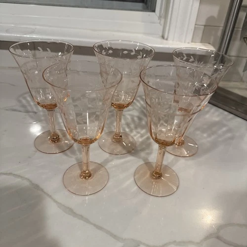 VTG 5 Pink depression Goblets With stylized Daisy Etching by the Tiffin Glass Co