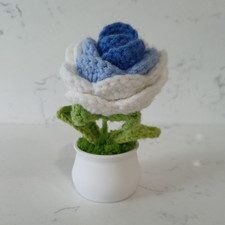 Handmade Crochet Blue and White Flower Stuffed Toy in White Pot, Small 5 Inches
