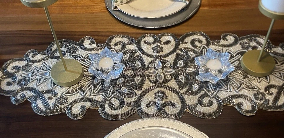 Pier One Beaded & Rhinestone White & Silver Holiday Table Runner 12 X 39 Read - Image 4 of 4
