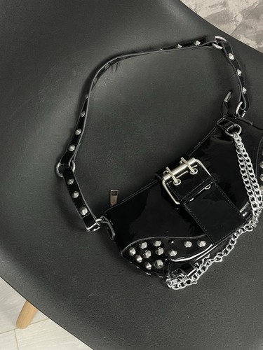 Goth Style Alt Girl Vibe Grunge Opium Crazy Mini Faux Leather Metal Mini Bag - Picture 2 of 7