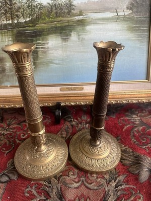 Vintage French Rococo Revival Style Brass  Bronze Doré 9'' Tall Candlesticks