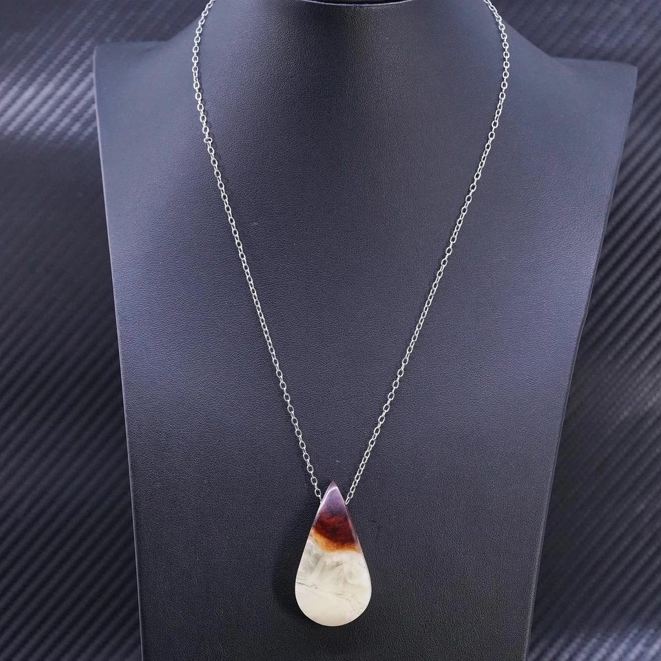 18”, plata de ley 925 círculo collar lágrima madera amarillo resina colgante Foto 2 de 4