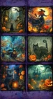 Feline Drive Fabric MOON SPELL Halloween Cat Block Panel - Sold by the Panel