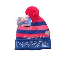 Captain Marvel Sequined Red Gold Blue Beanie OSFM Striped Pom Pom Avengers