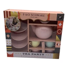 FAO Schwarz 9-Piece Ceramic Tea Party Set For Kids Hand Glazed Porcelain Teapot