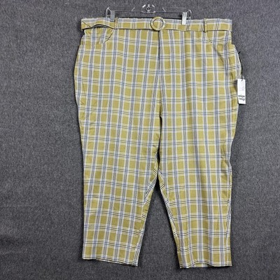 Unique Vintage Dress Pants Womens 5X/26 Green Plaid Belted Crop Trousers