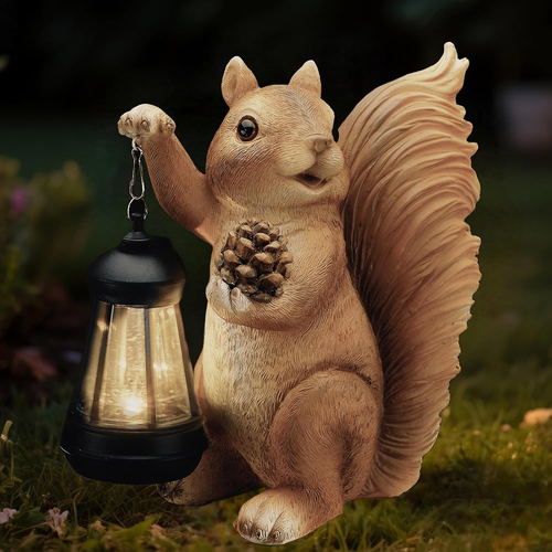 Solar Squirrel Garden Statue - Outdoor Decor Sculpture in Rich Brown Finish
