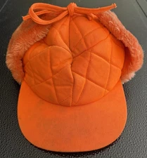 VTG Orange Hunting Brimmed Trapper Fudd Hat Cap Faux Fur Ear Flaps Insulated, M