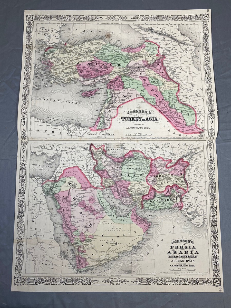 1867 Colored Map feat. TURKEY, PERSIA, ARABIA present day Saudi