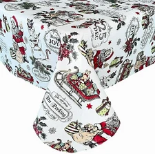 Christmas Vinyl Tablecloth Retro Nostalgia Santas Claus Sleigh Presents Asst. Sz