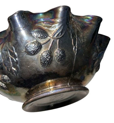 Fenton Black Amethyst Carnival Glass Bowl Ruffled Edge Embossed Design - Picture 3 of 8
