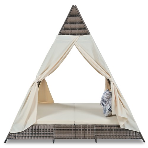 90.5" Outdoor Sunbed w/Pillows, Wicker Patio Daybed With Cushions, Tent Shape - Picture 8 of 35