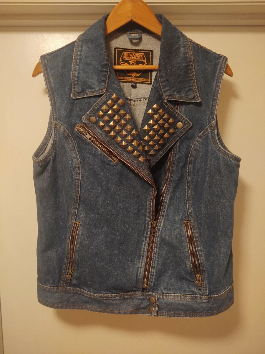 Milwaukee Performance Apparel Blue Jean Denim Vest Womens Size XL Studded