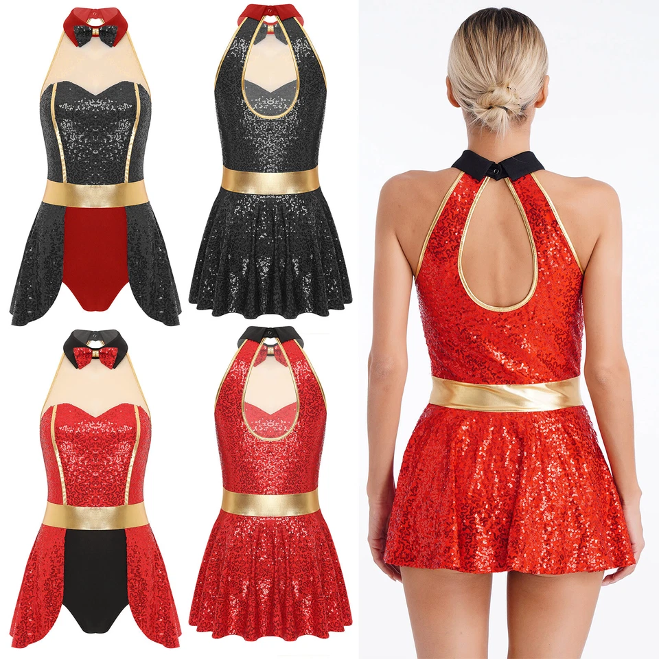 Mujeres Leotardo Sin Mangas Circo Ringmaster Disfraz Halloween Vestido Lentejuelas Brillante Foto 3 de 3