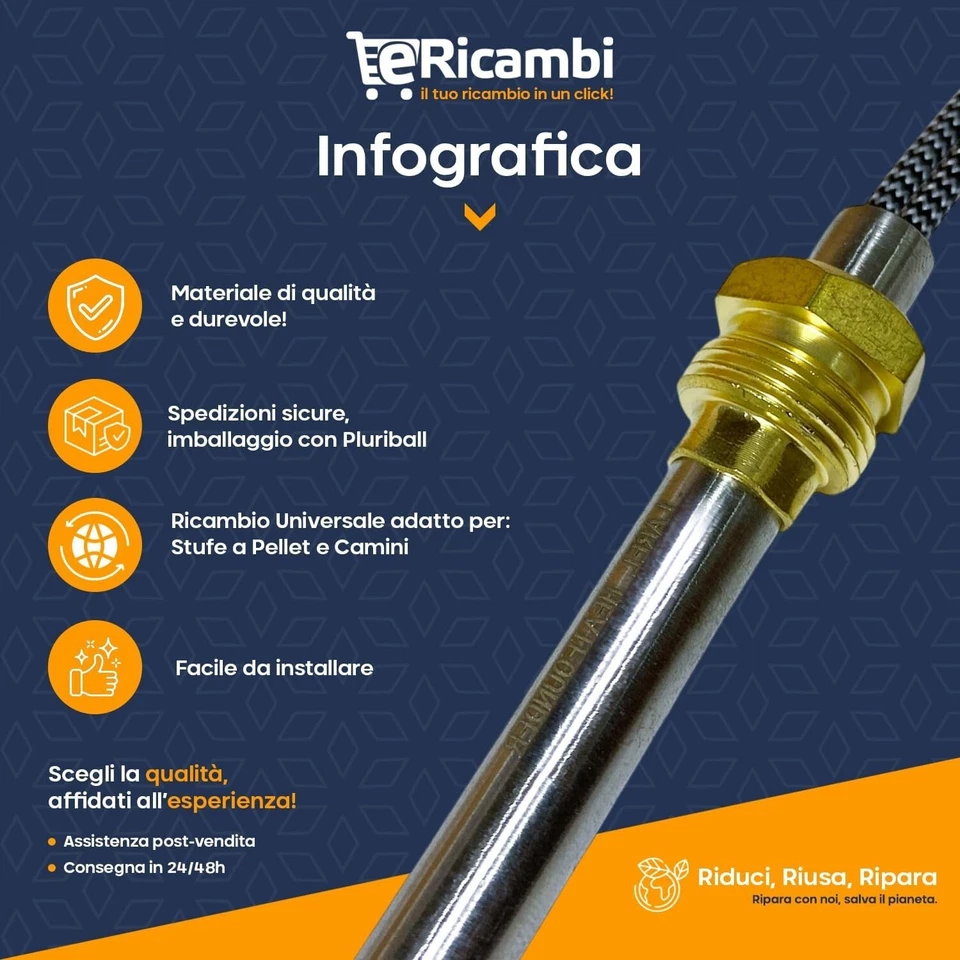 Candeletta accensione STUFA PELLET resistenza D. 10 x 140 280W A VITE 3/8" GAS - Immagine 4 di 4
