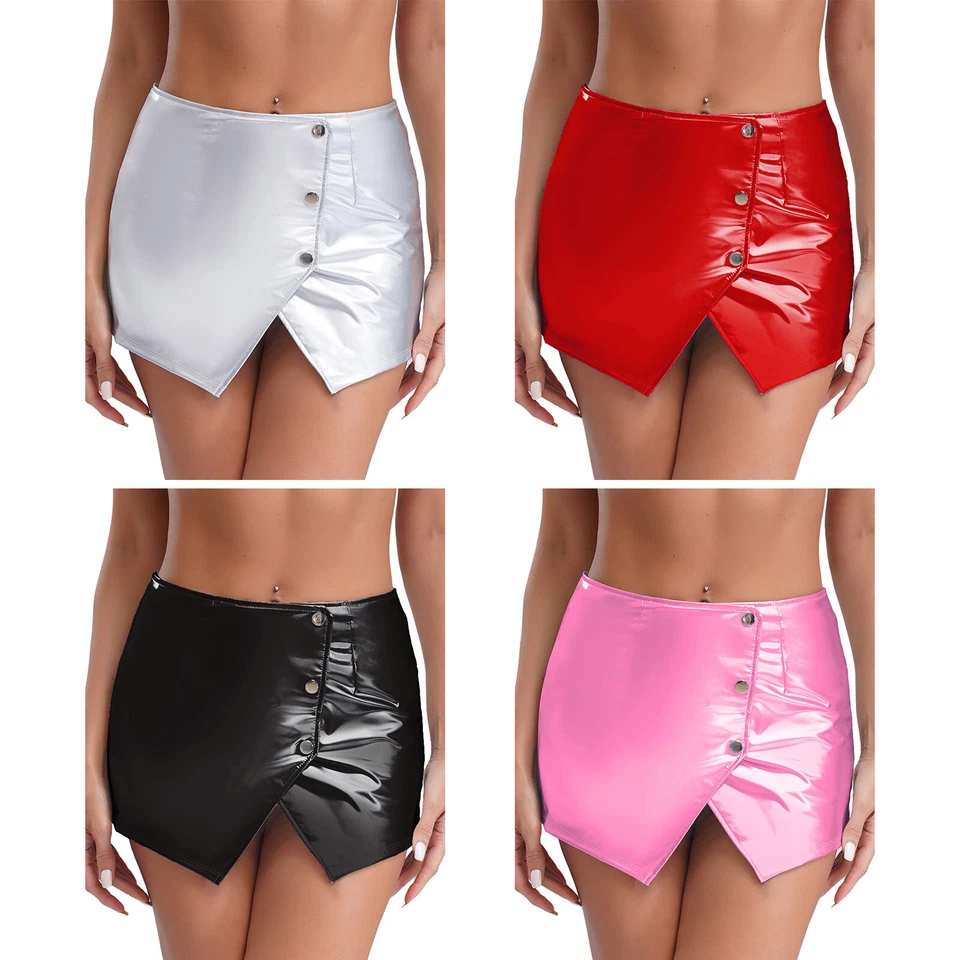 UK Women's Sexy Shiny Metallic Split Mini Skirt Low Waist Buttons Skirt Clubwear - Image 2 of 4