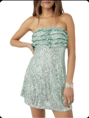Free People Frida Sequin Ruffle Strapless Mini Dress, Size 6, New! | eBay