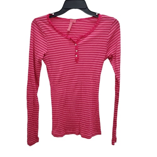 Charlotte Tarantola Y2K Barbie Pink Stripe Gemstone Ribbed Knit Henley Top L