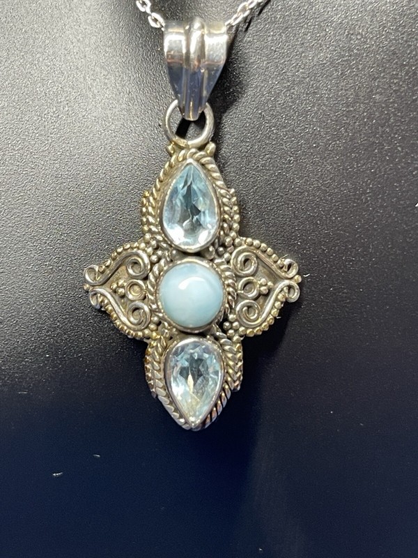 .925 Sterling silver Larimar & Blue Topaz Artisan Pendant with 18" snake chain 