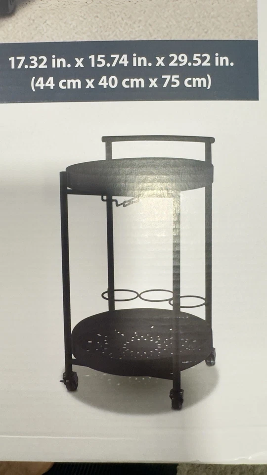 Carro de barra negro carro de barra de 2 niveles con ruedas con estante para vinos y soporte para vidrio Foto 2 de 4