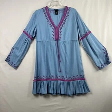 Moda International Cover Up Dress Size Medium Blue Embroidered Boho V-Neck